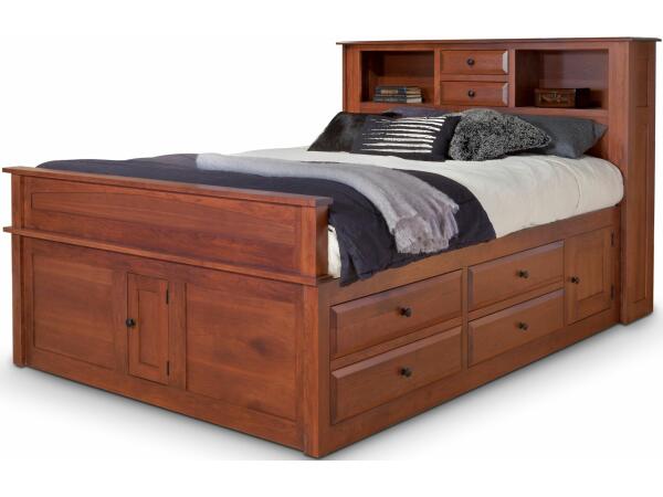 Simplicity Queen Captain's Bed w/ Bookcase Headboard and Low Footboard